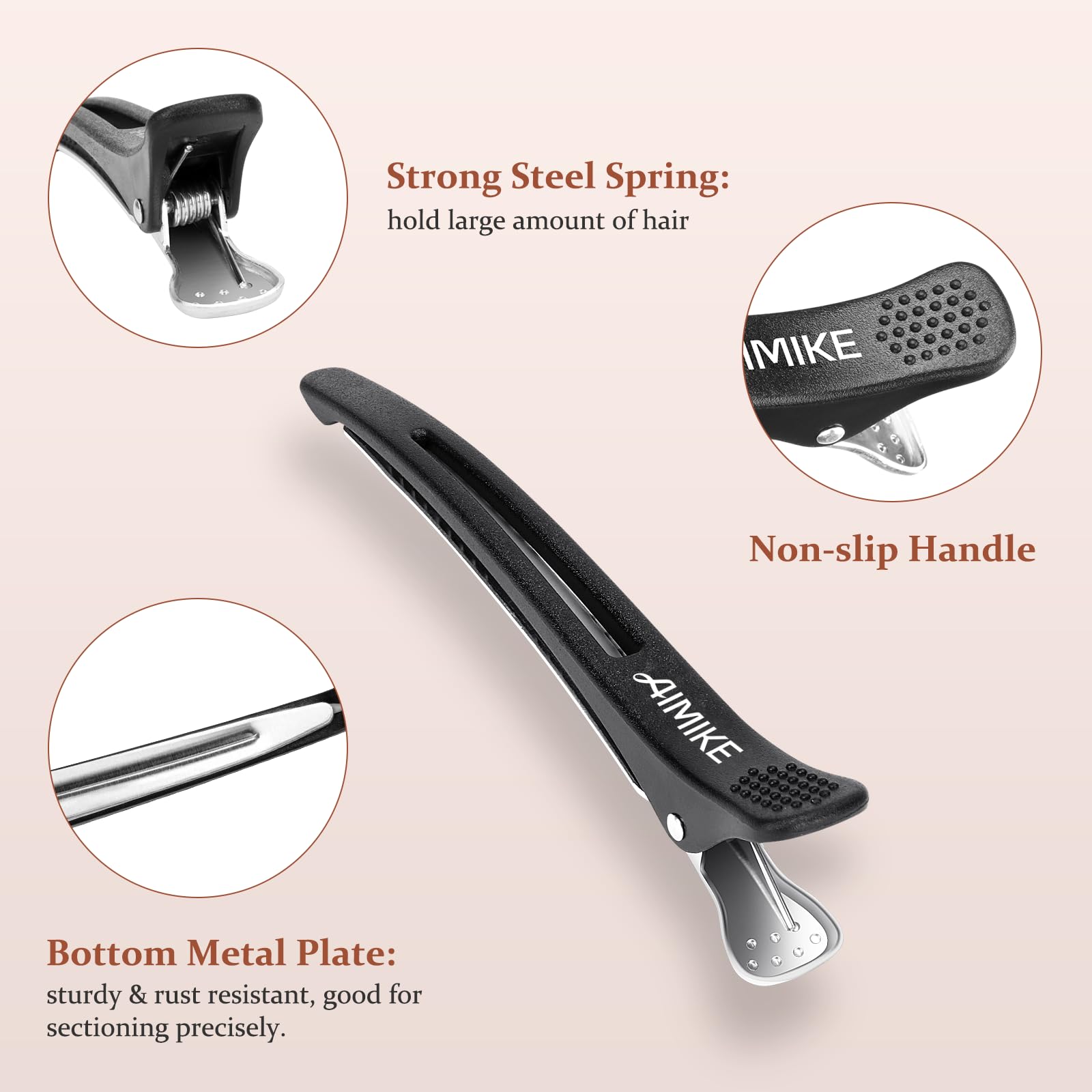 Durable plastic top and rust resistant metal bottom design of the professional hair cutting clips