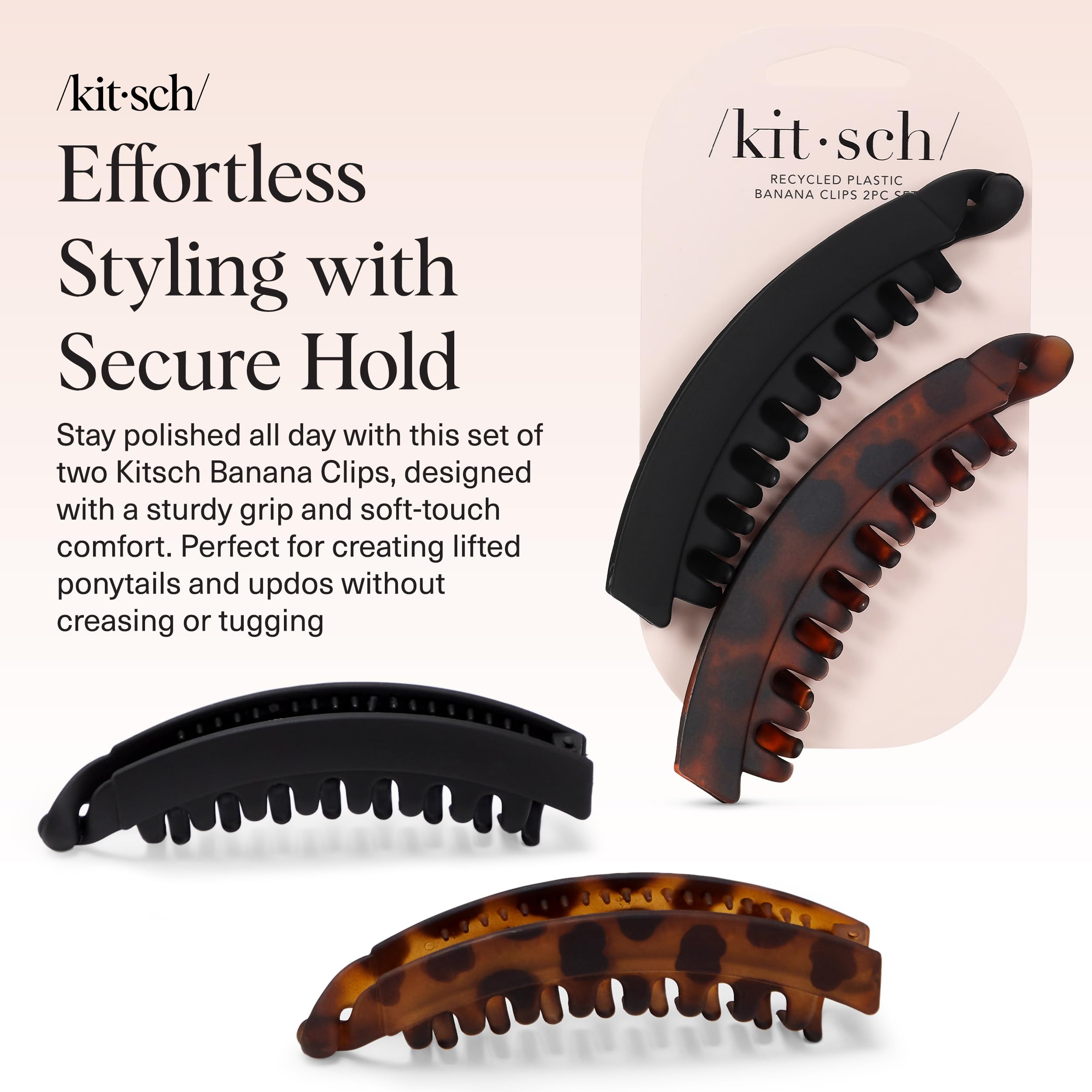 Retro style banana hair clip in tortoiseshell holding thick hair in a ponytail.