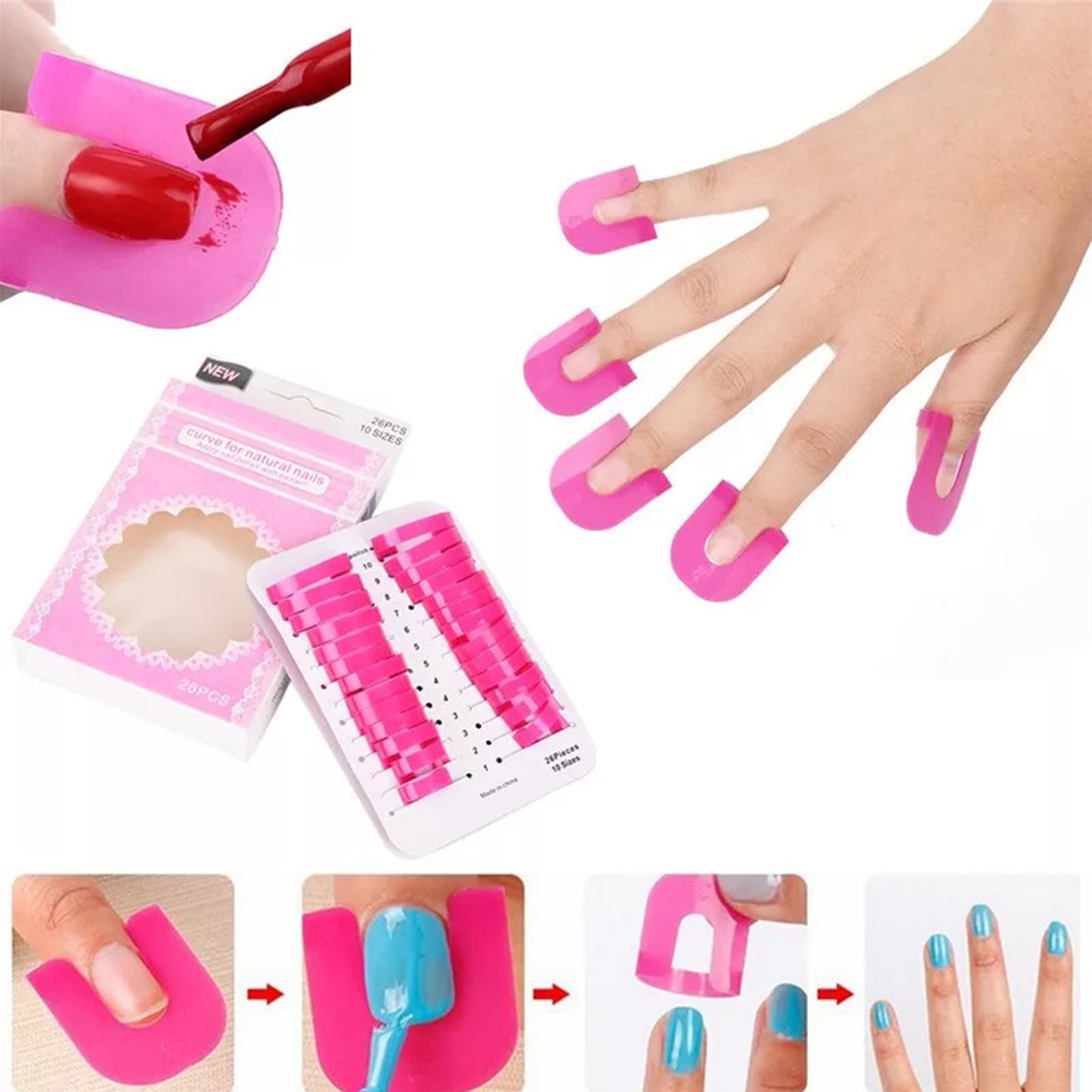 Ten different sizes of plastic nail art guard shields arranged neatly to display the complete manicure tool set.