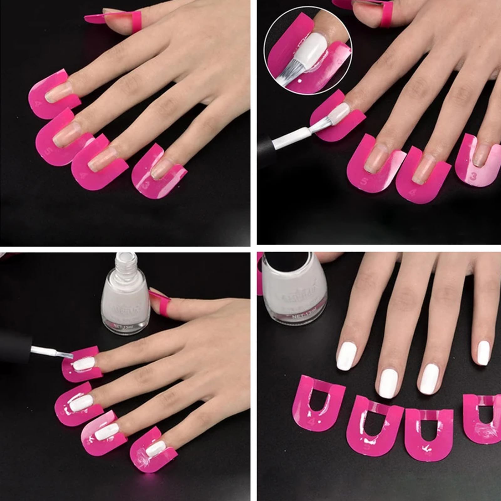 Demonstration of French manicure guide sticker being used alongside the pink U curve finger protectors.