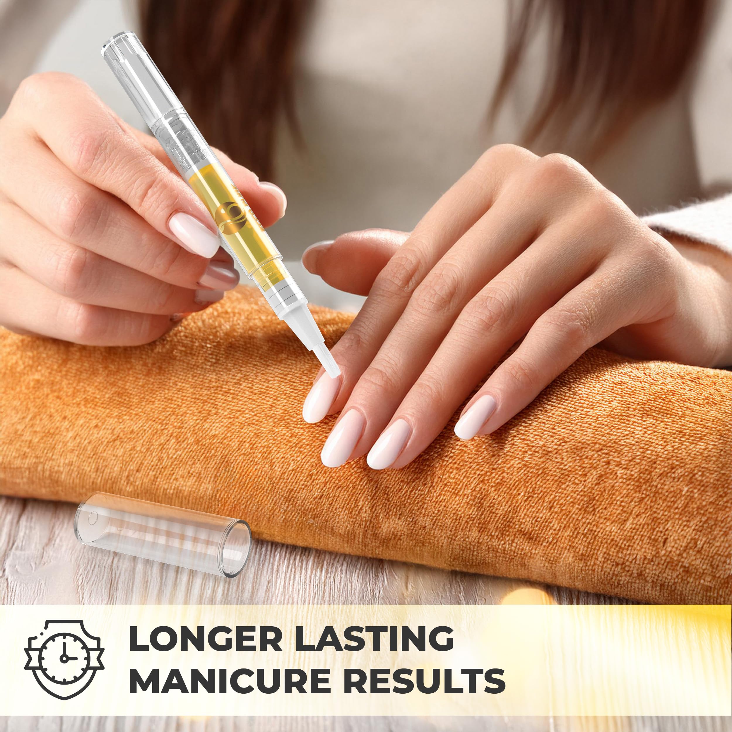 ECCO PURE nail strengthening treatment brush tip close up releasing a precise amount of nourishing oil.