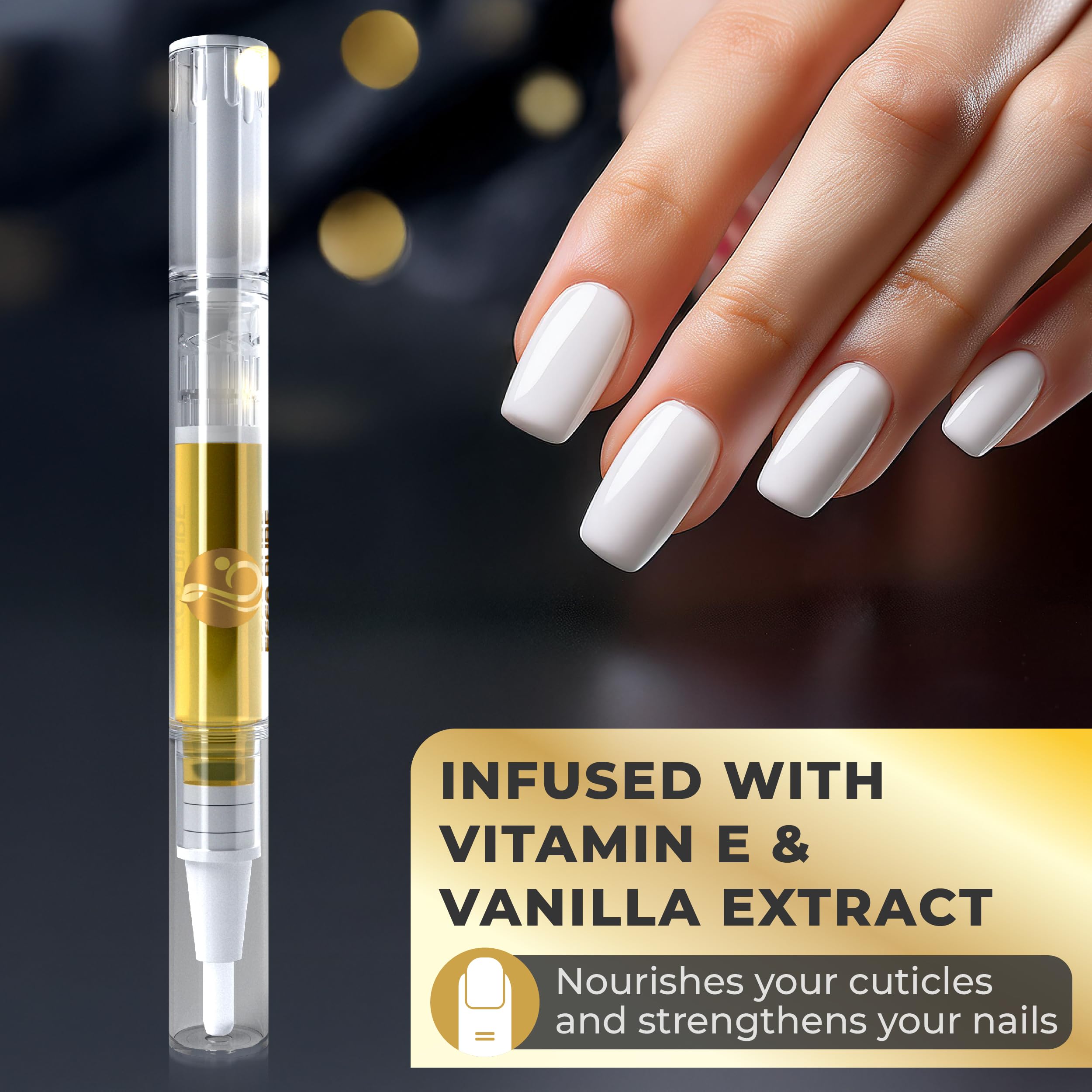 ECCO PURE Green Pear and Citrus cuticle pen being applied directly to a manicured gel nail.