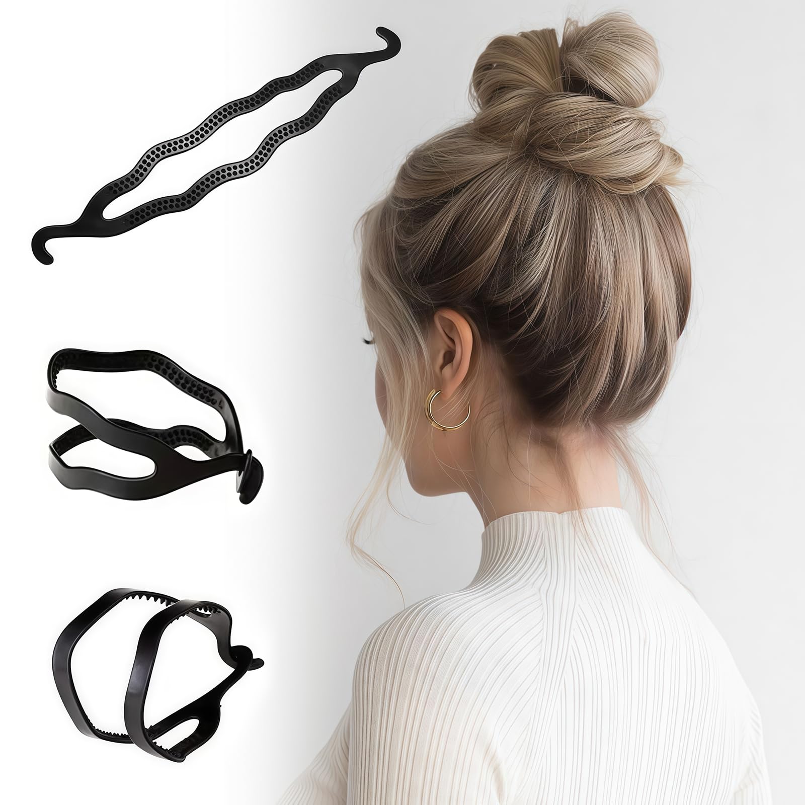 Step by step visual guide showing how to roll a ponytail with the Upstore hair shaper.