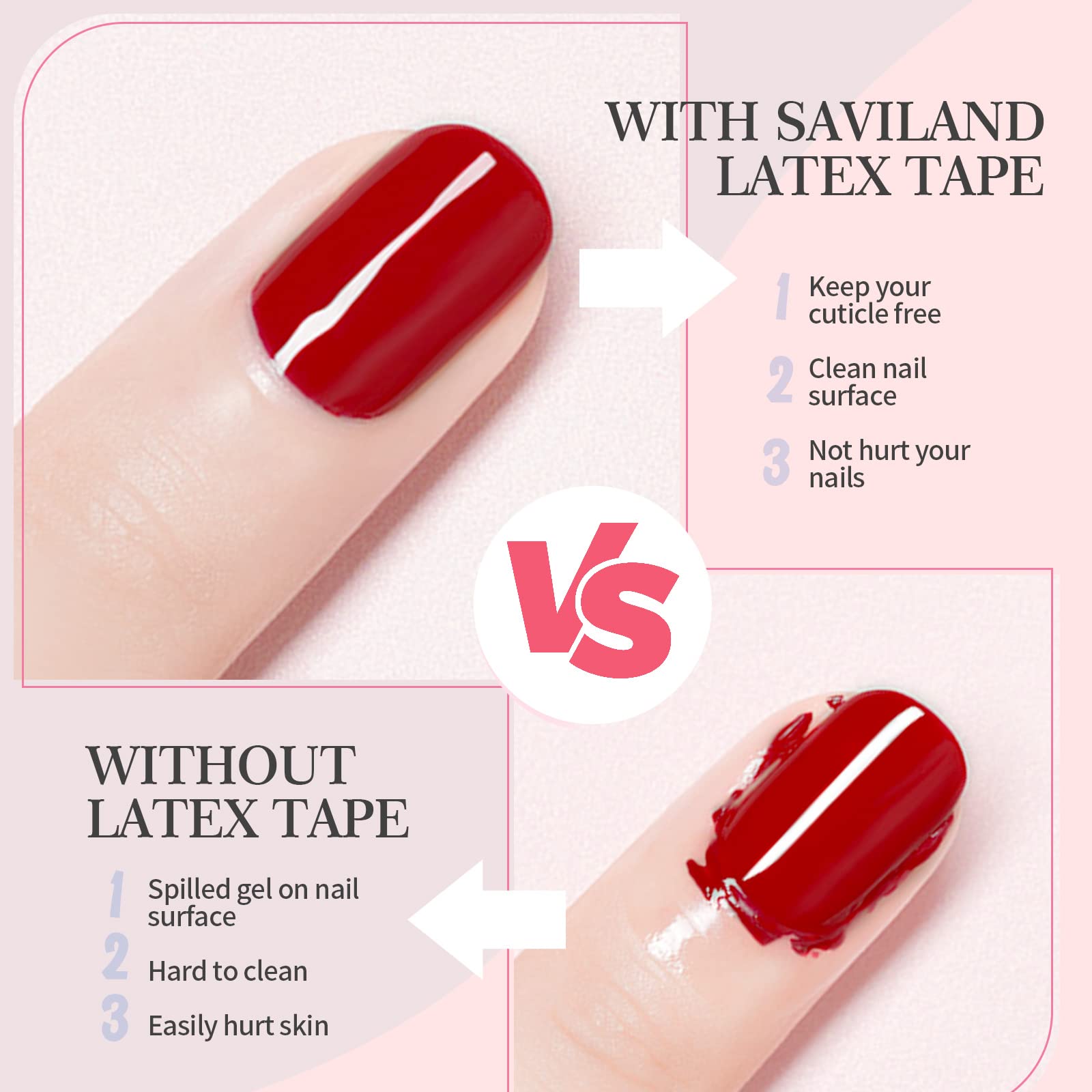 Two bottles of Saviland liquid nail tape showing the cuticle guard application process