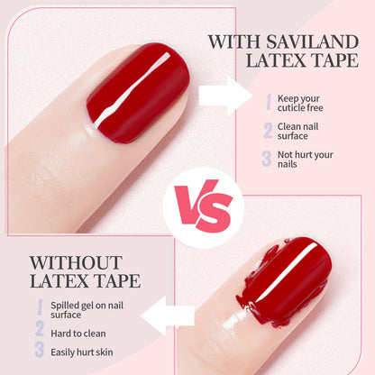 Two bottles of Saviland liquid nail tape showing the cuticle guard application process