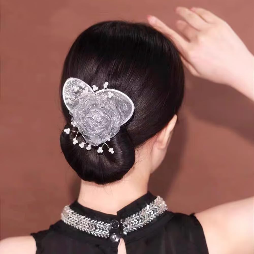 Comparison profile of the Dumwick elegant hair bun clip on long voluminous hair.