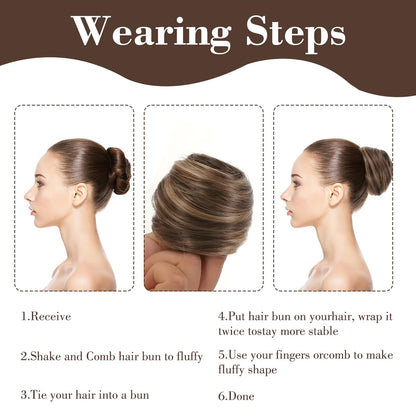 Woman wearing stylish golden messy hair bun updo