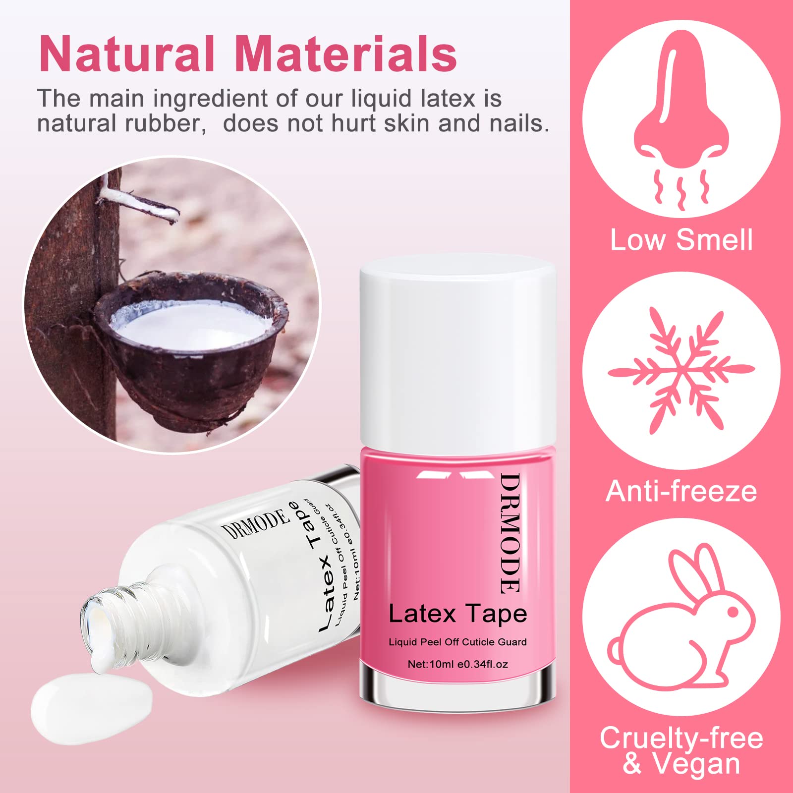 Two bottles of DRMODE liquid latex for nails next to premium manicure tools packaging