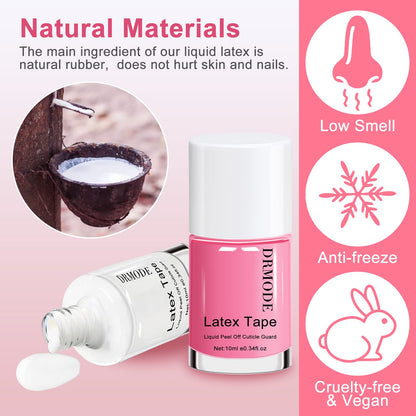 Two bottles of DRMODE liquid latex for nails next to premium manicure tools packaging