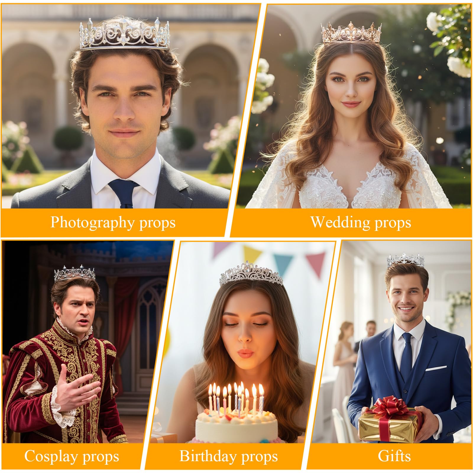 Collection of gold and silver crowns for parties and prom