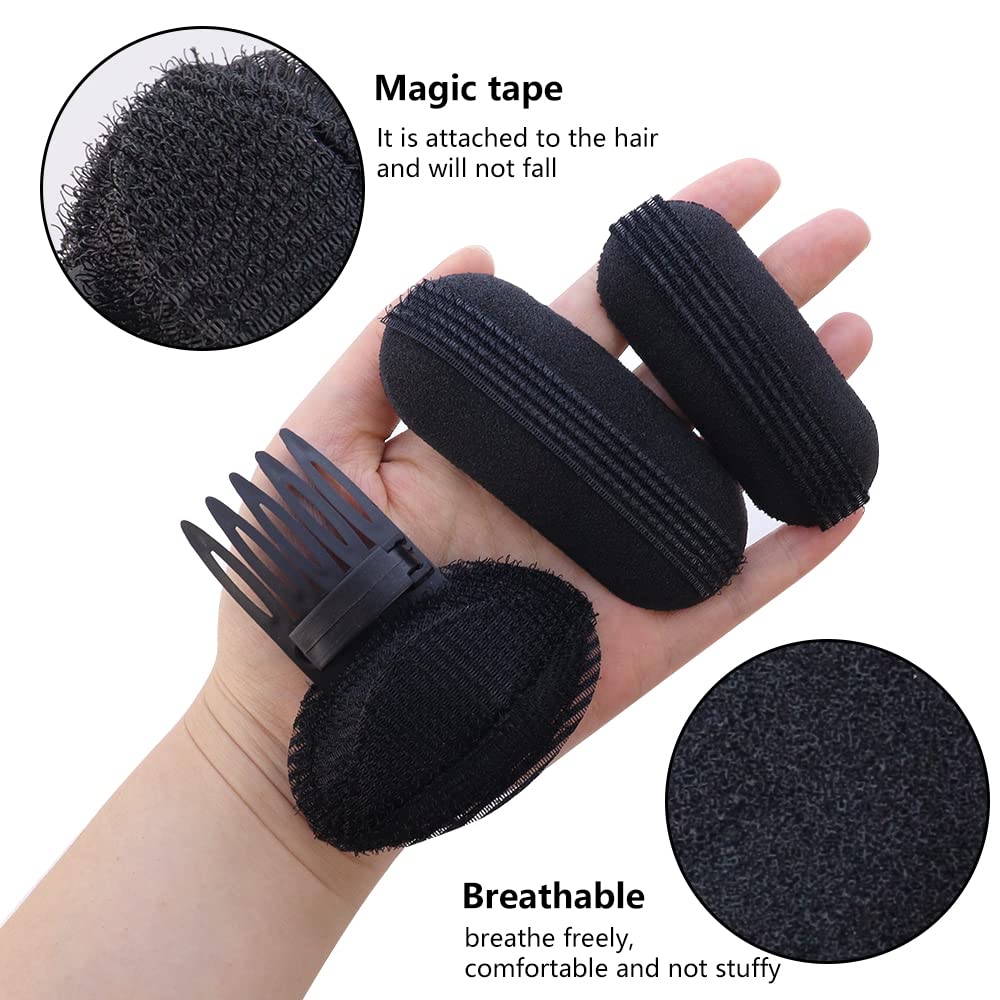 Different sizes of black volume hair bases including large and small fluffy princess styling pads