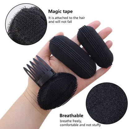 Different sizes of black volume hair bases including large and small fluffy princess styling pads