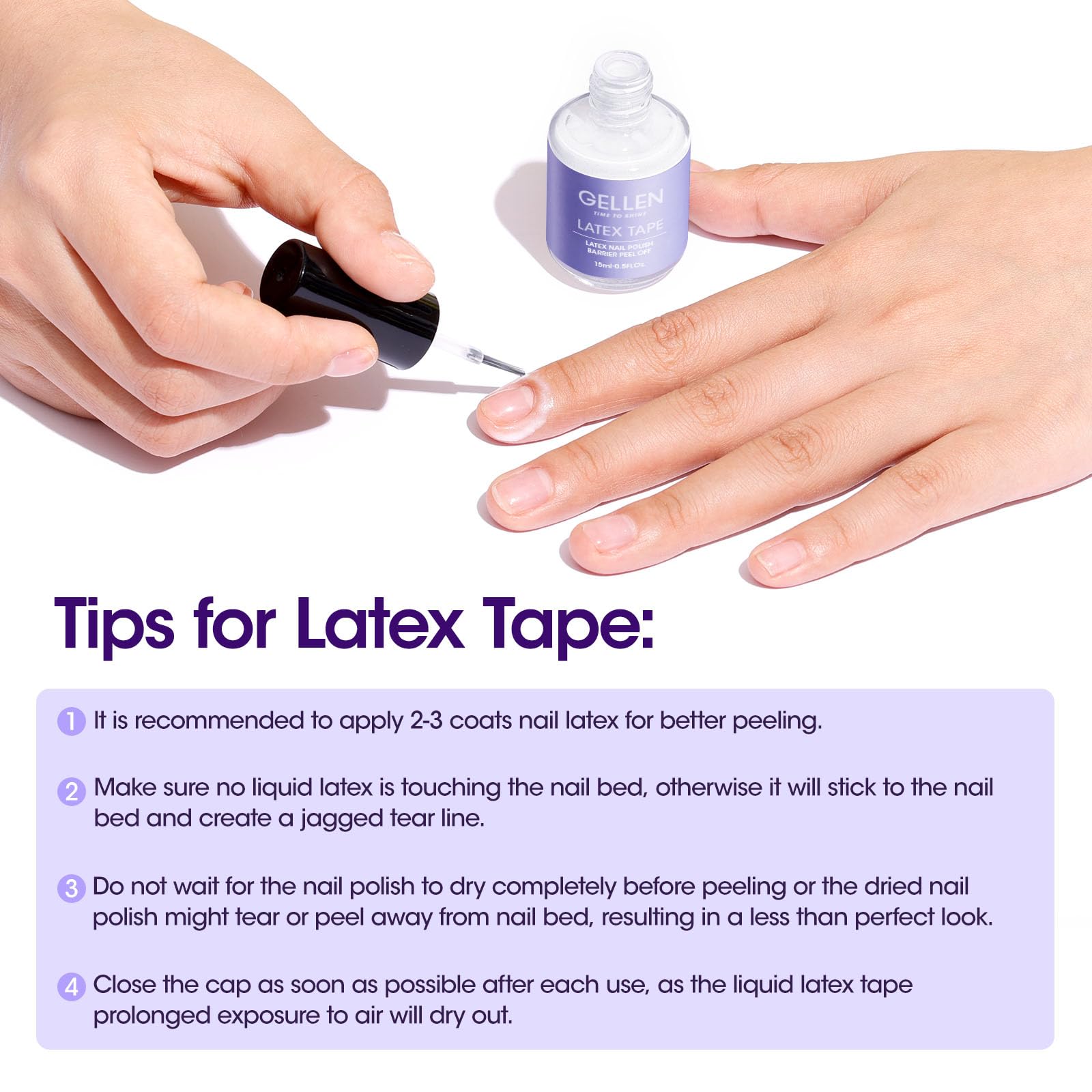 Gellen white liquid latex tape applied around the cuticle area of a finger