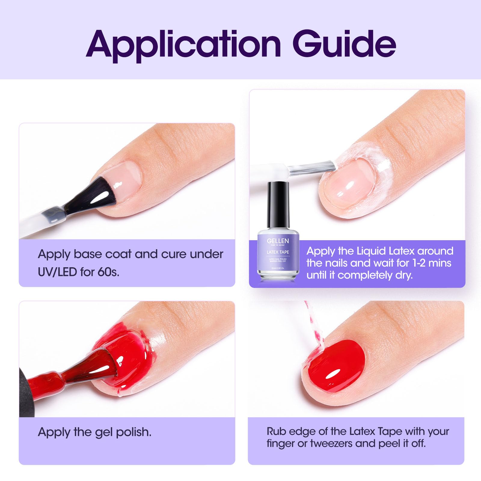 Step by step demonstration of applying and drying Gellen peelable cuticle guard