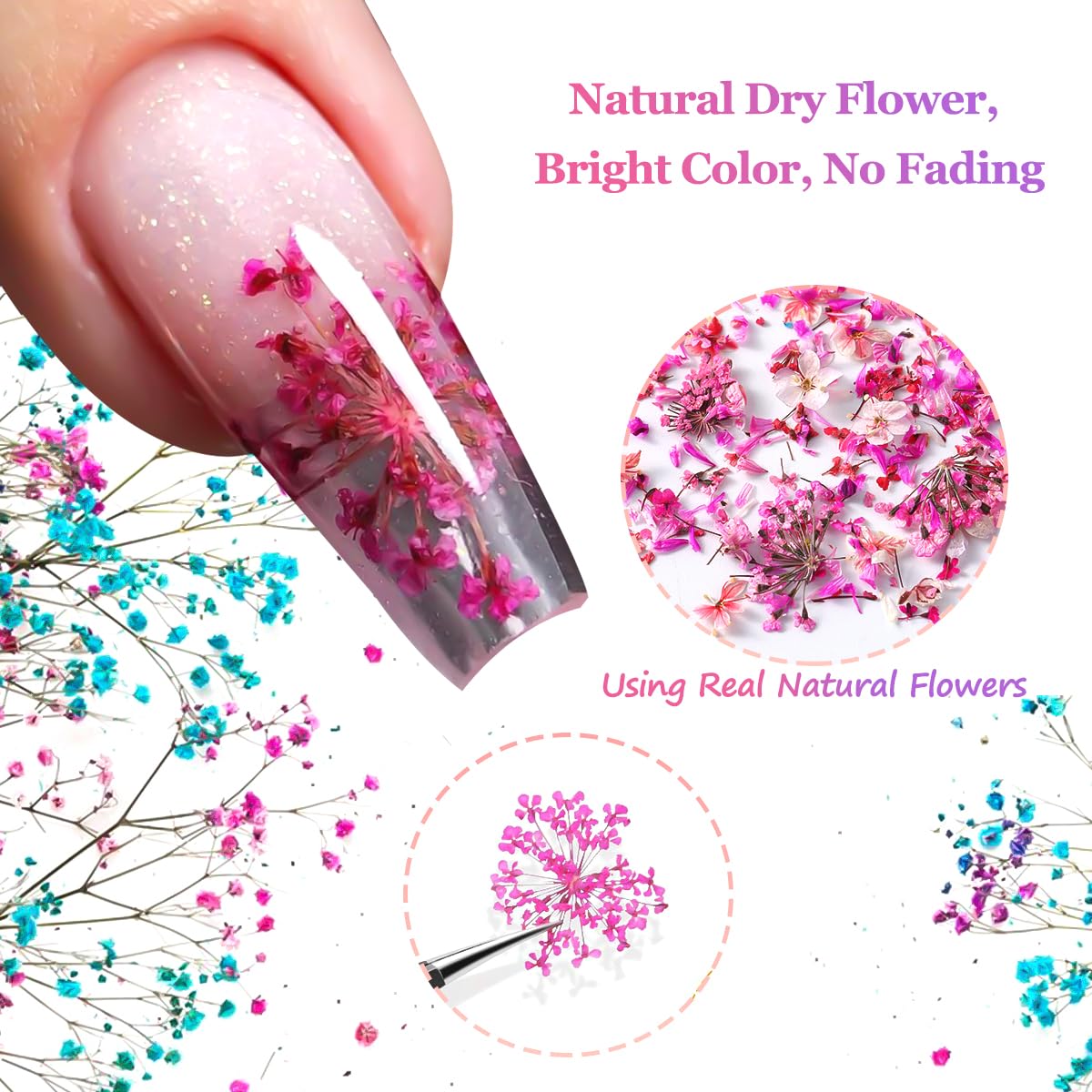 Professional nail art manicure featuring embedded natural dried flowers