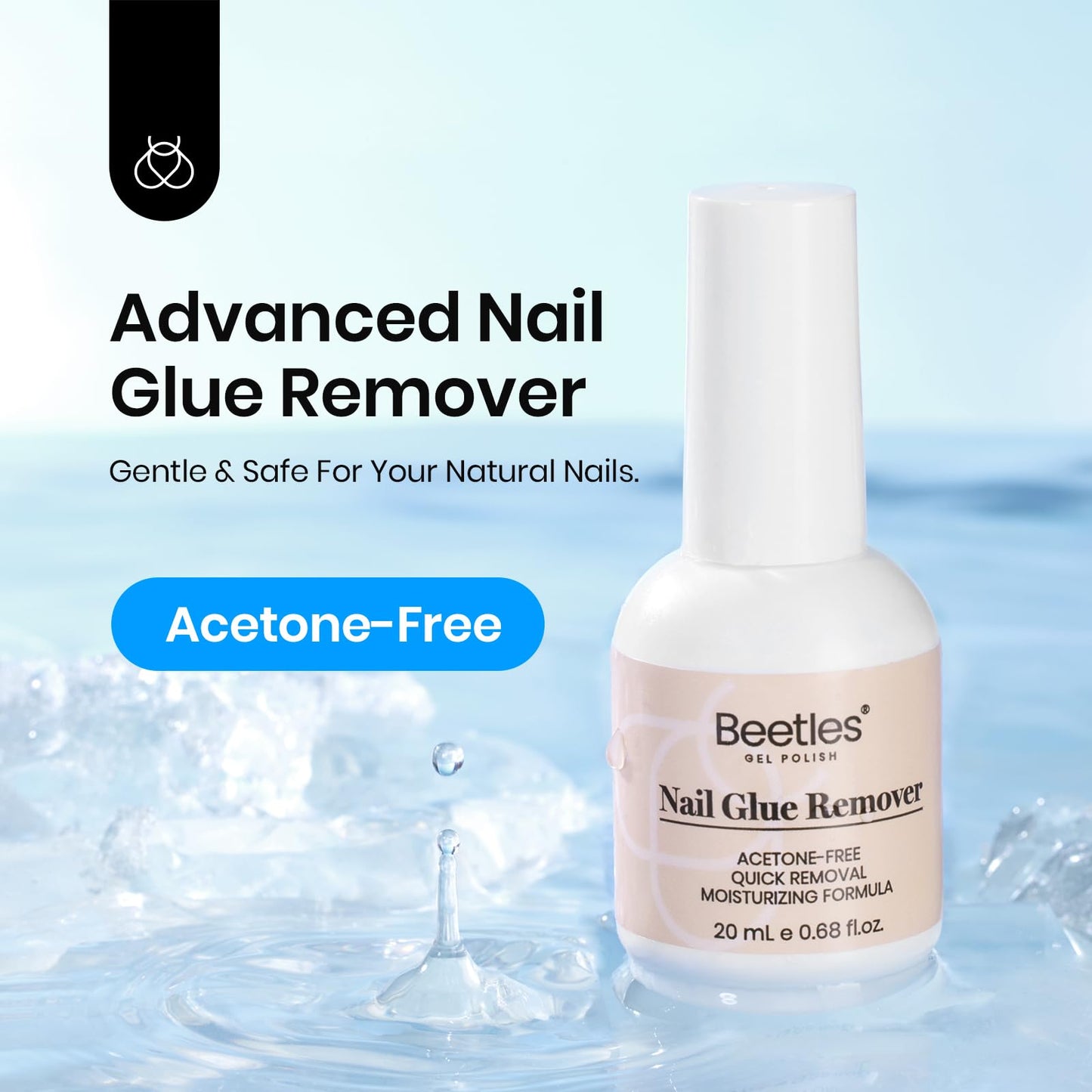 Beetles 20ml nail glue remover bottle showing low odor formula label