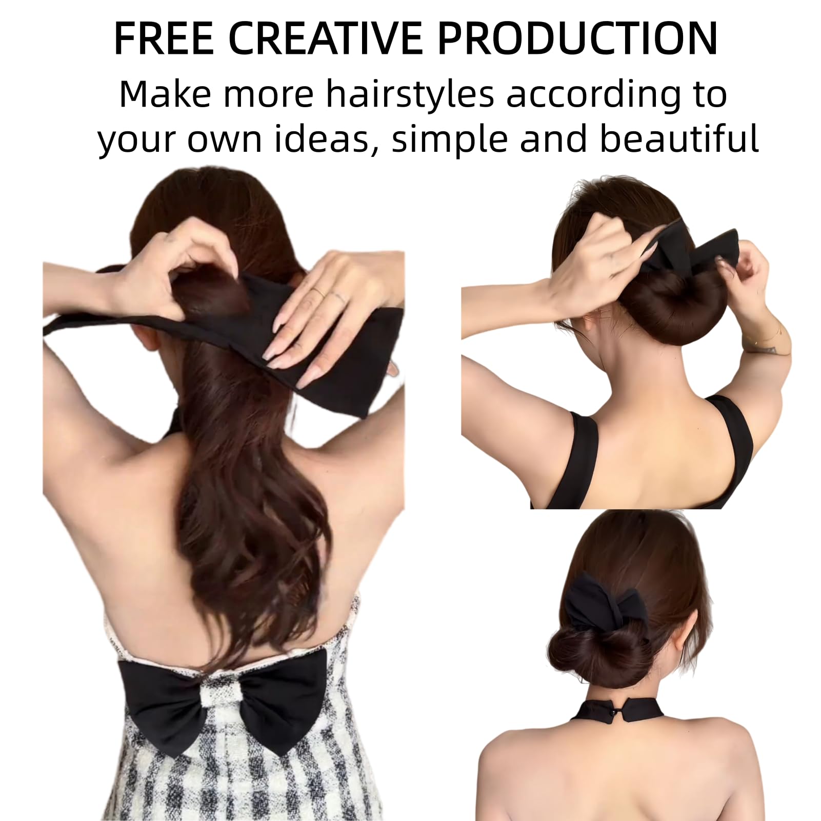 Woman demonstrating how to use flexible hair bun maker tool