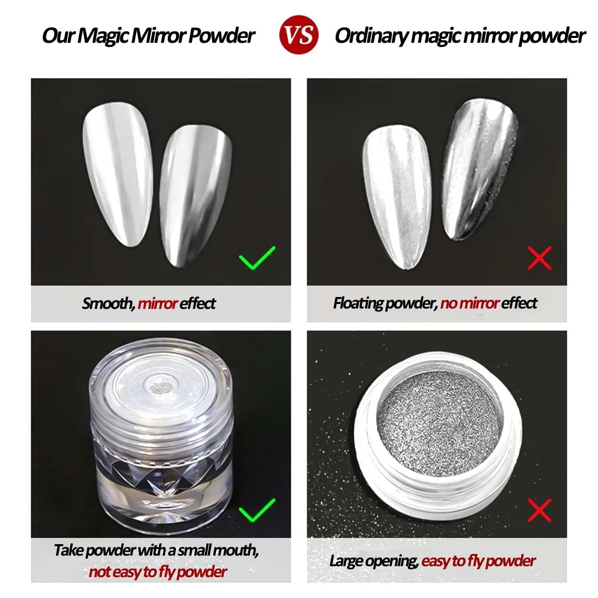 Holographic aurora effect pigment swatches on nail tips