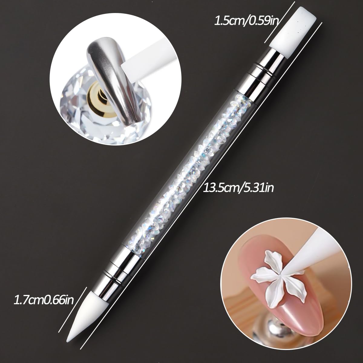 Close-up of reflective chrome nail finish
