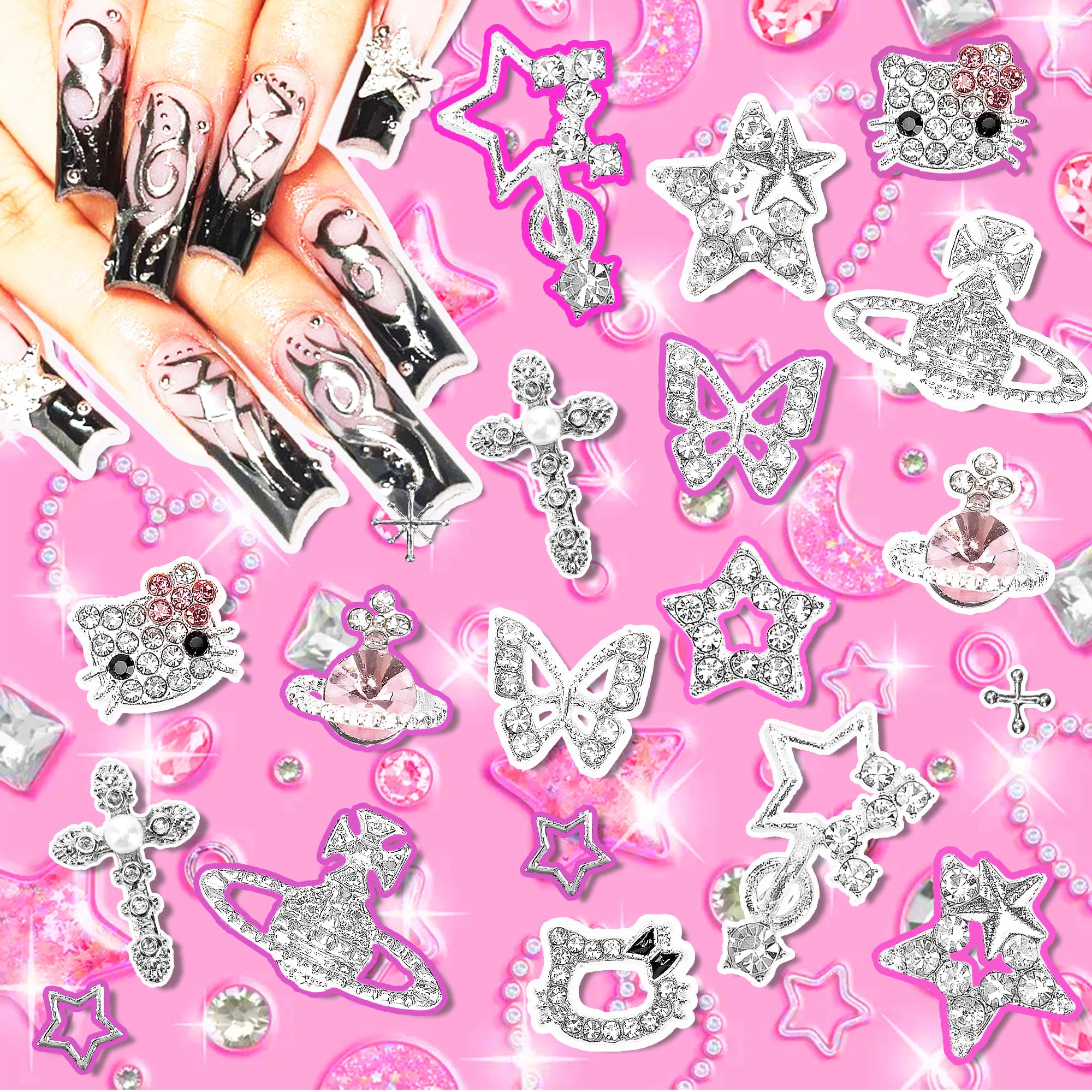 Namifin 3D silver butterfly and star nail charms