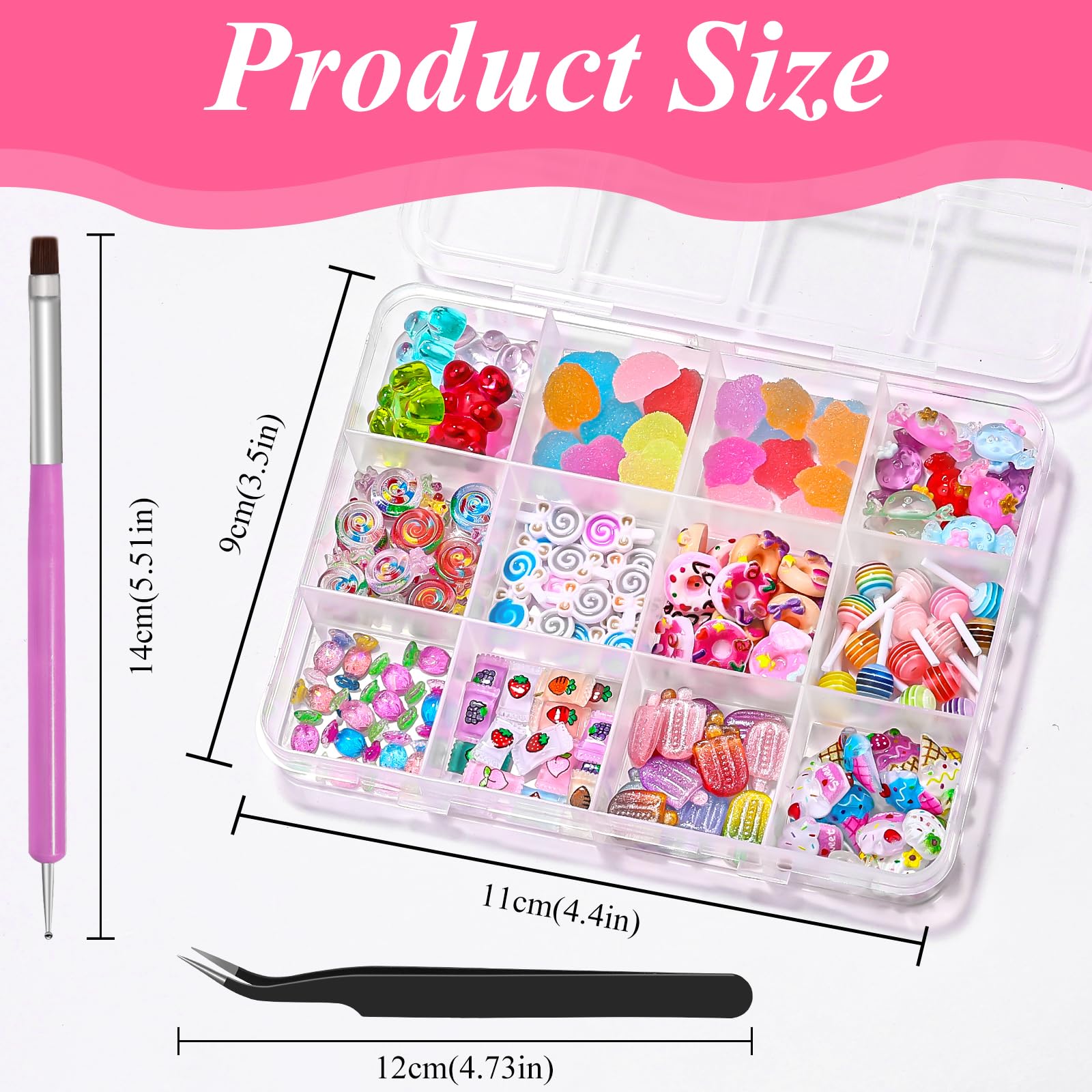 Close up of colorful 3D lollipop and donut nail art charms