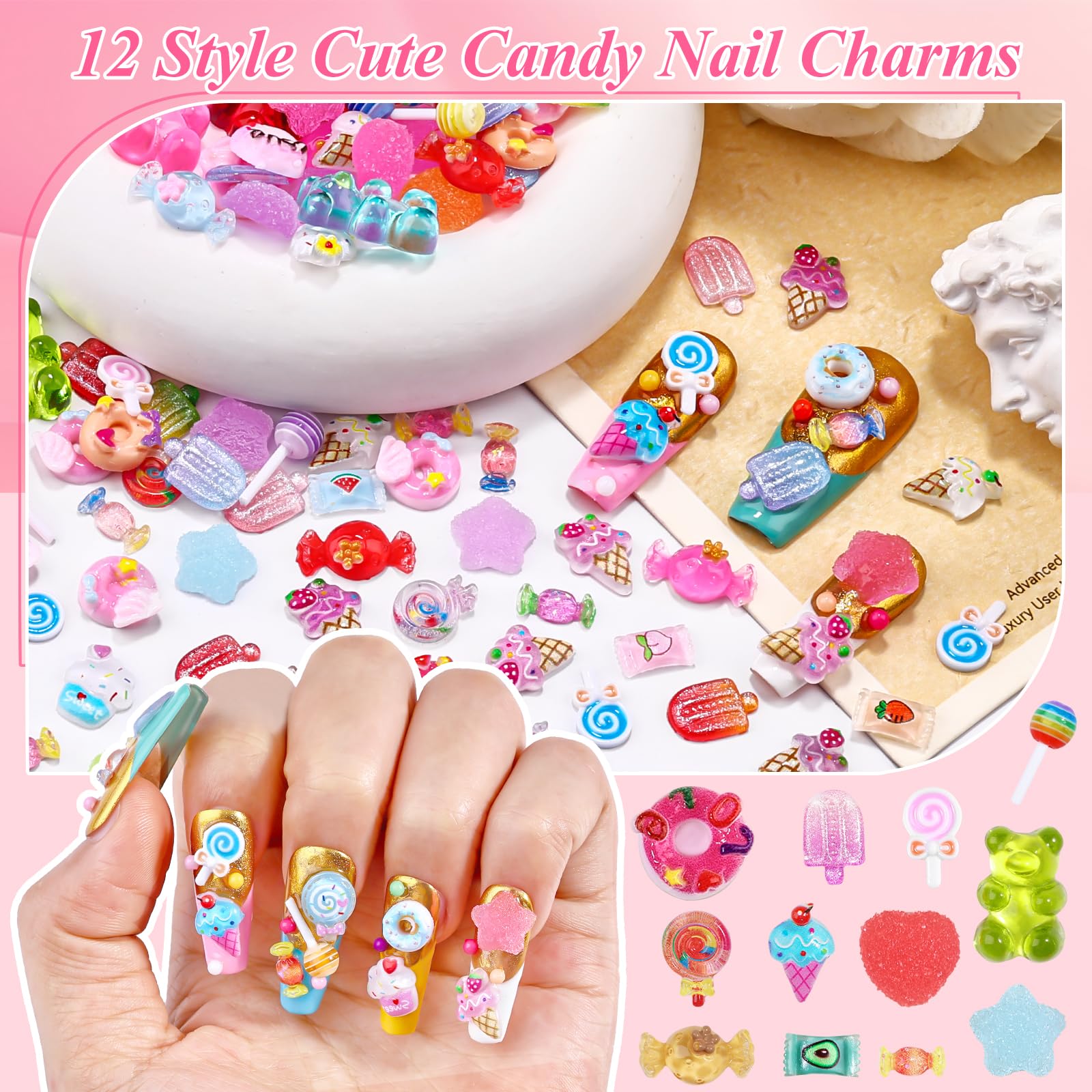 Gummy bear and heart shaped acrylic nail charms for DIY art