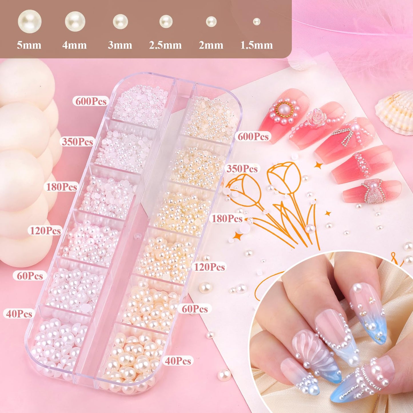 Gold and silver metallic nail art gems in assorted sizes