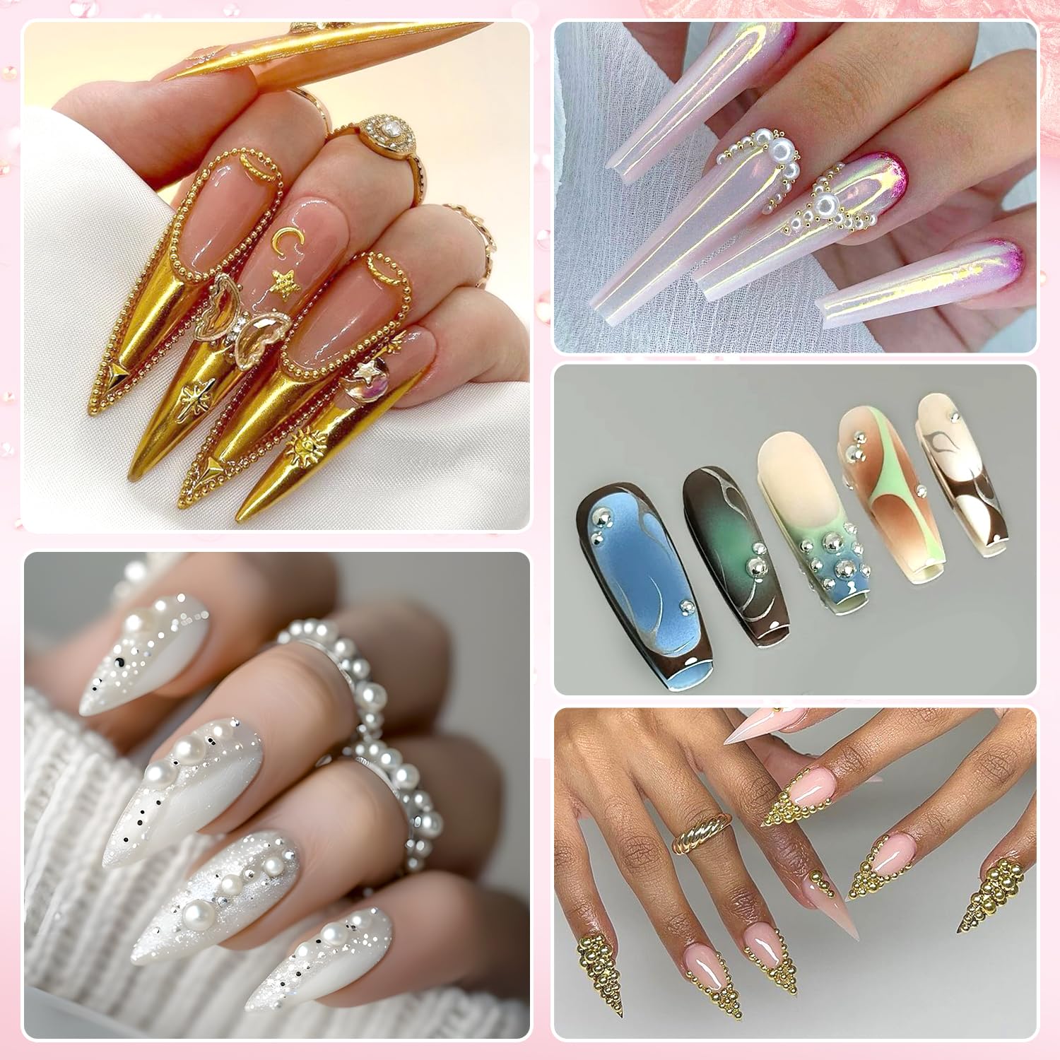 Examples of 3D nail art designs using metallic gems and pearls