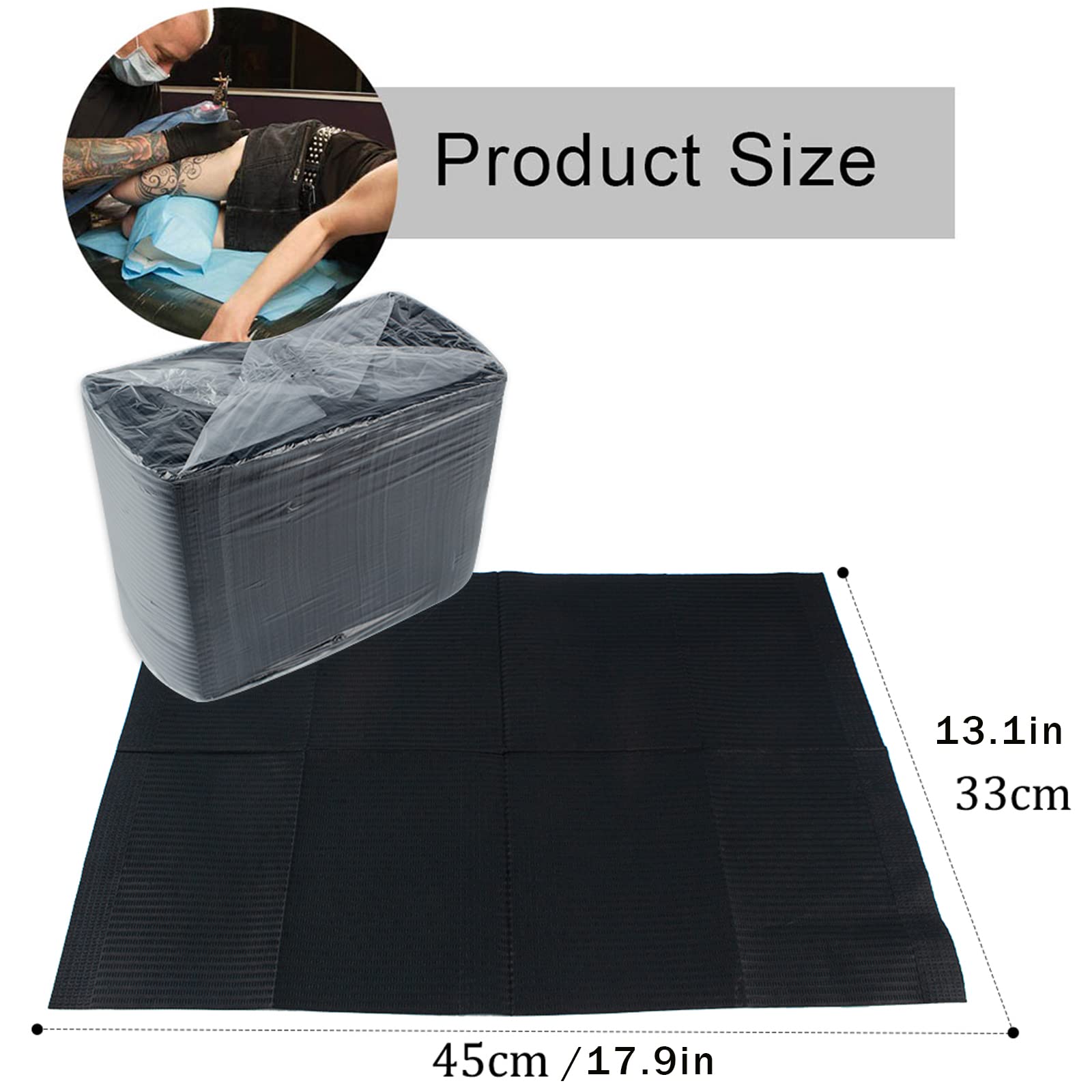 Black disposable dental bibs and nail mat paper sheets arranged on a clean professional salon table