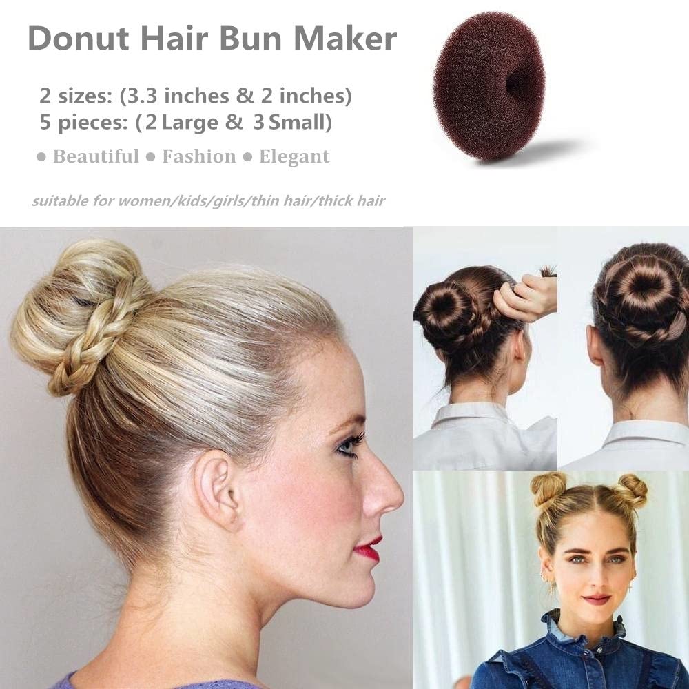 Two large and three small dark brown hair chignon shapers neatly arranged together.