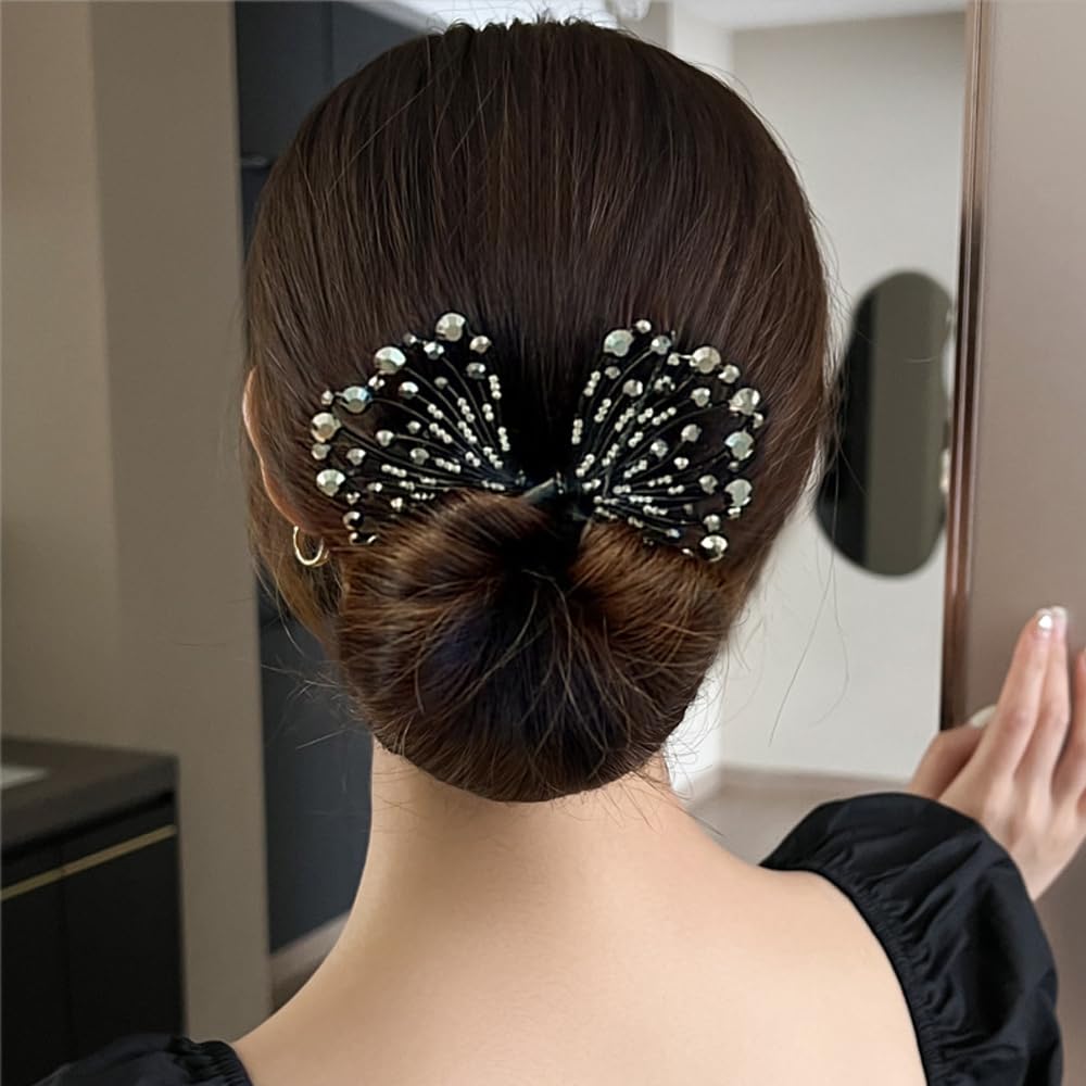 Arvintas crystal hair bun maker styled in a sleek French twist on dark hair