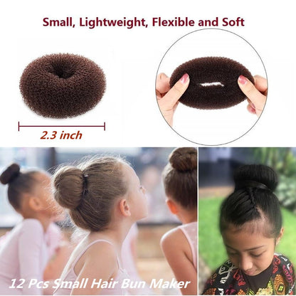Twelve pieces of small nylon mesh hair bun makers in dark brown color