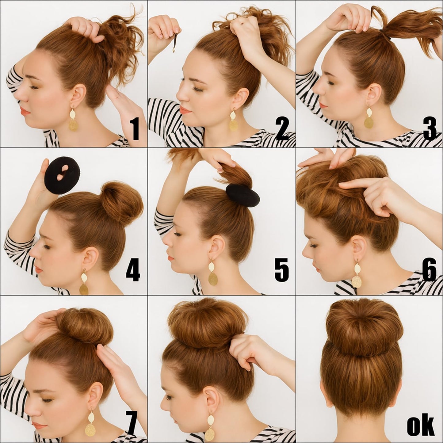 Brown hair donut bun maker with elastic bands for thin hair