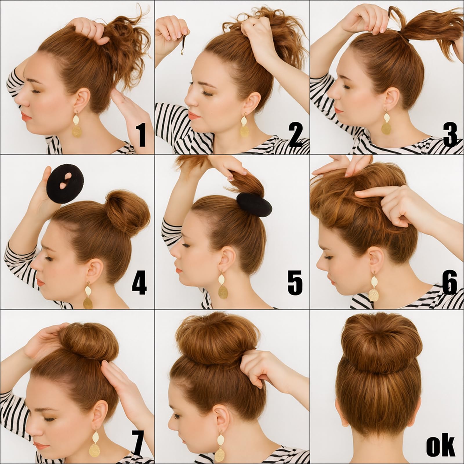 Brown hair donut bun maker with elastic bands for thin hair