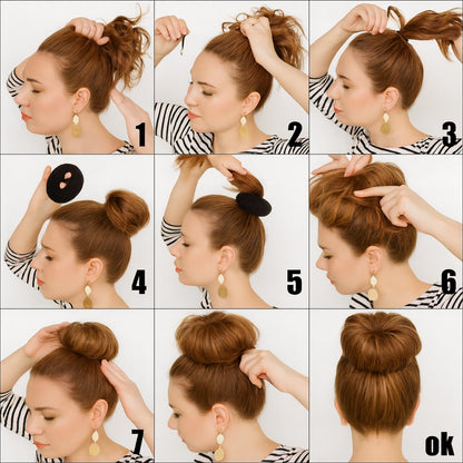 Brown hair donut bun maker with elastic bands for thin hair