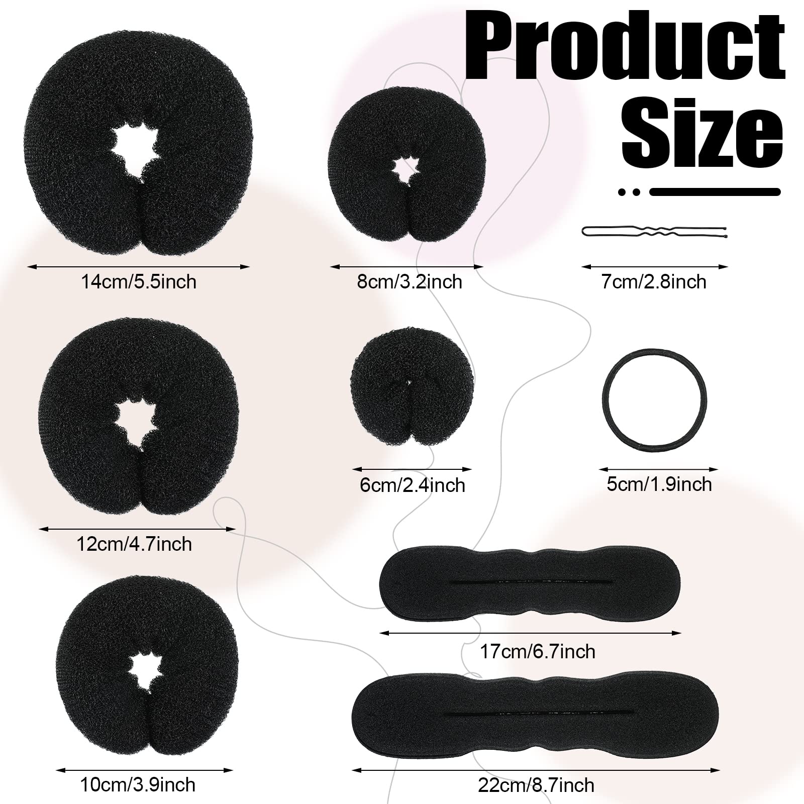 Five different sizes of black doughnut hair bun makers displayed horizontally for size comparison.