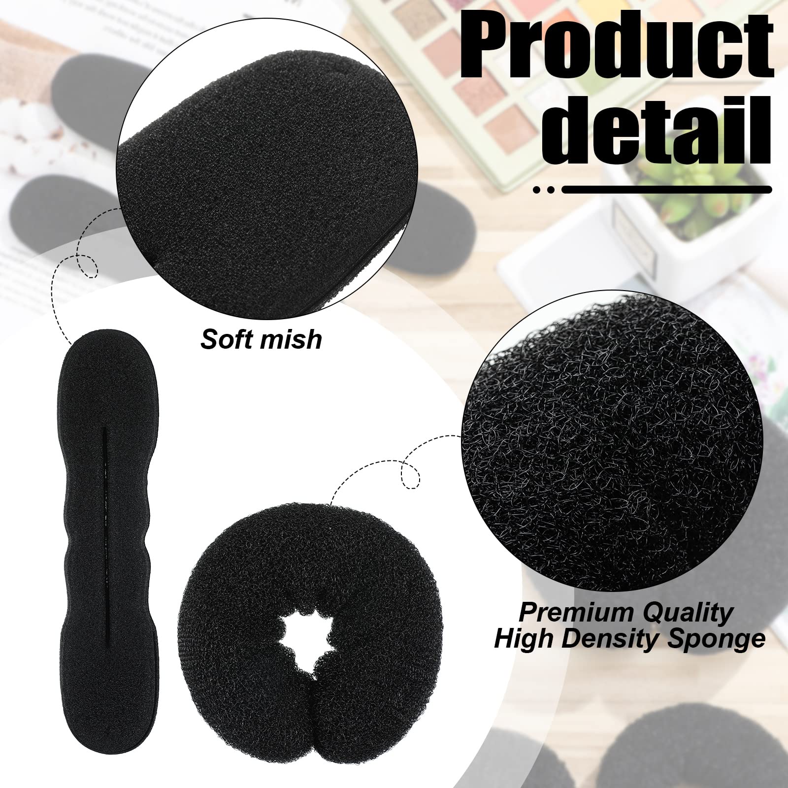 Magic sponge foam hair bun shapers with snap button closures shown alongside black elastic bands.