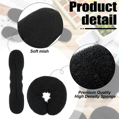Magic sponge foam hair bun shapers with snap button closures shown alongside black elastic bands.