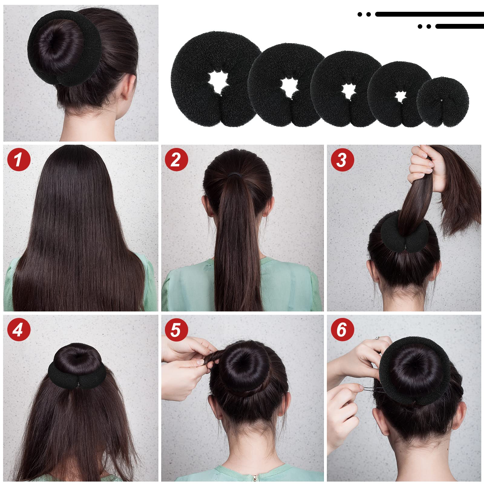 Twenty pieces of premium black hair pins and five elastic hair ties included in the styling kit.