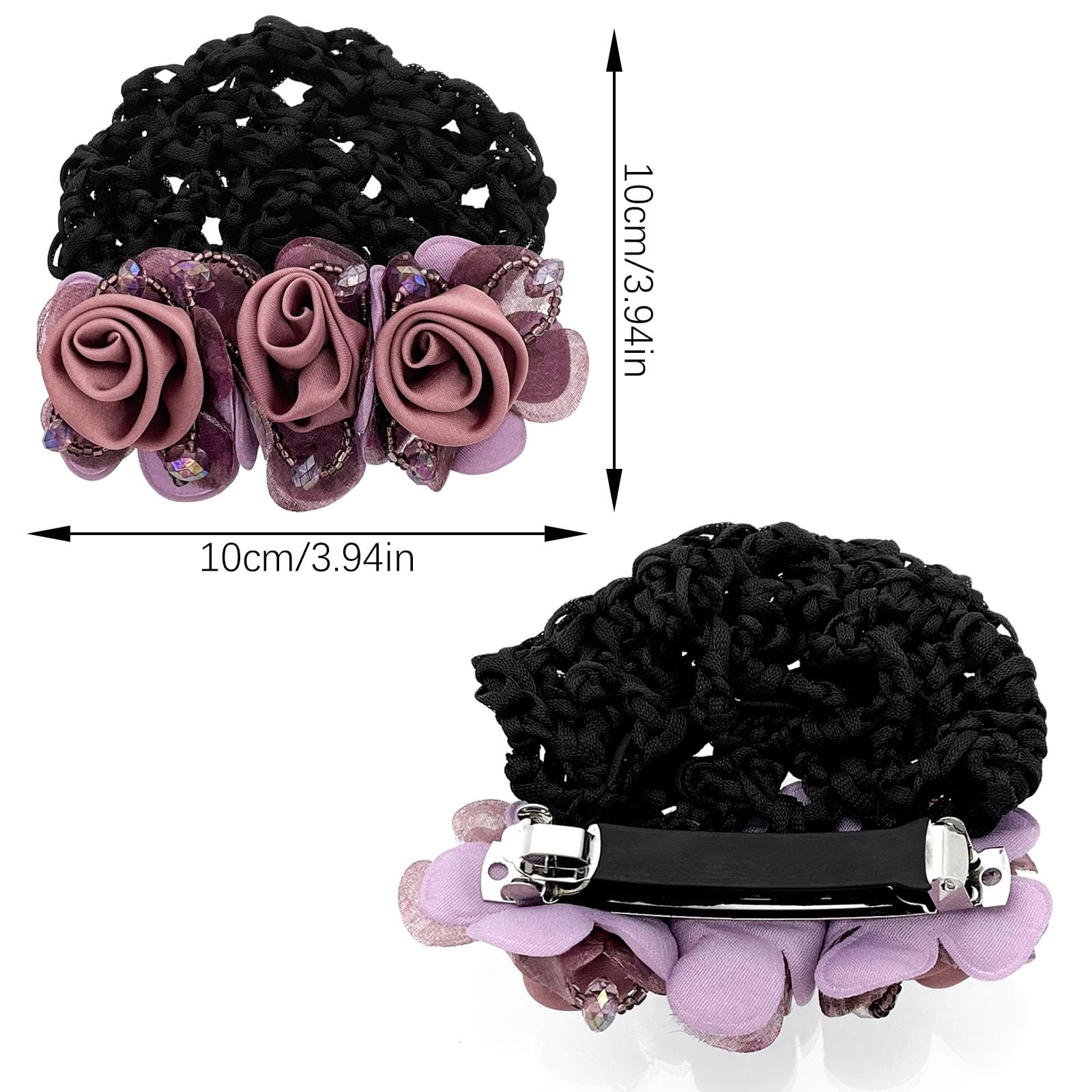 Ravlzors floral hair snood net barrette clip close up view of durable mesh pocket.