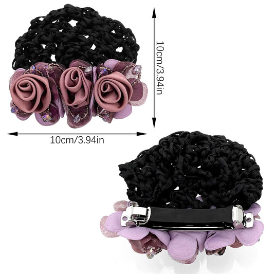 Ravlzors floral hair snood net barrette clip close up view of durable mesh pocket.