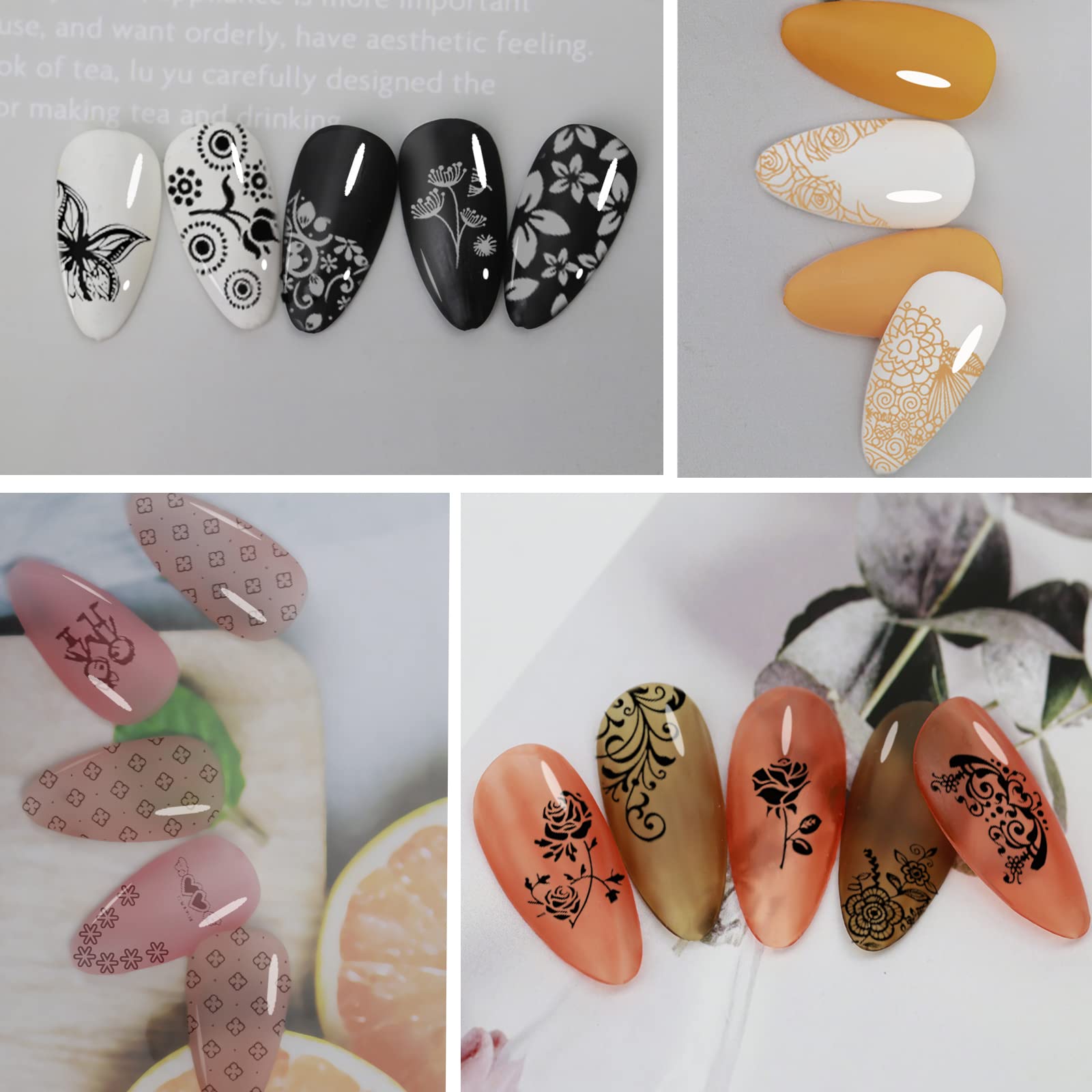 Close up of intricate floral and geometric nail stamping designs