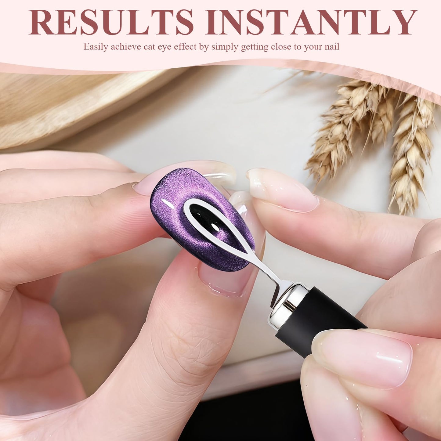 Close up of stainless steel cat eye nail magnet tools for DIY gel polish.