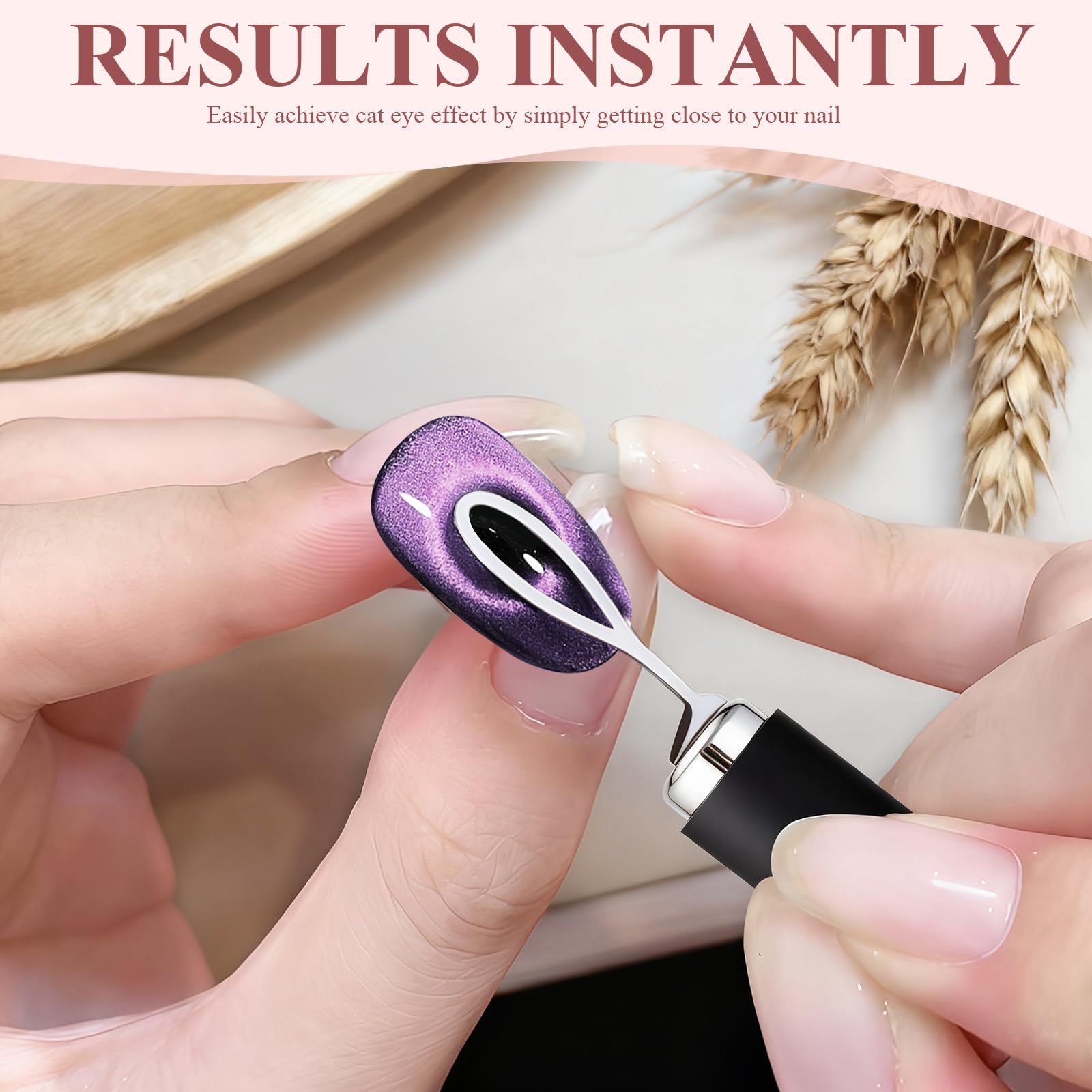Close up of stainless steel cat eye nail magnet tools for DIY gel polish.