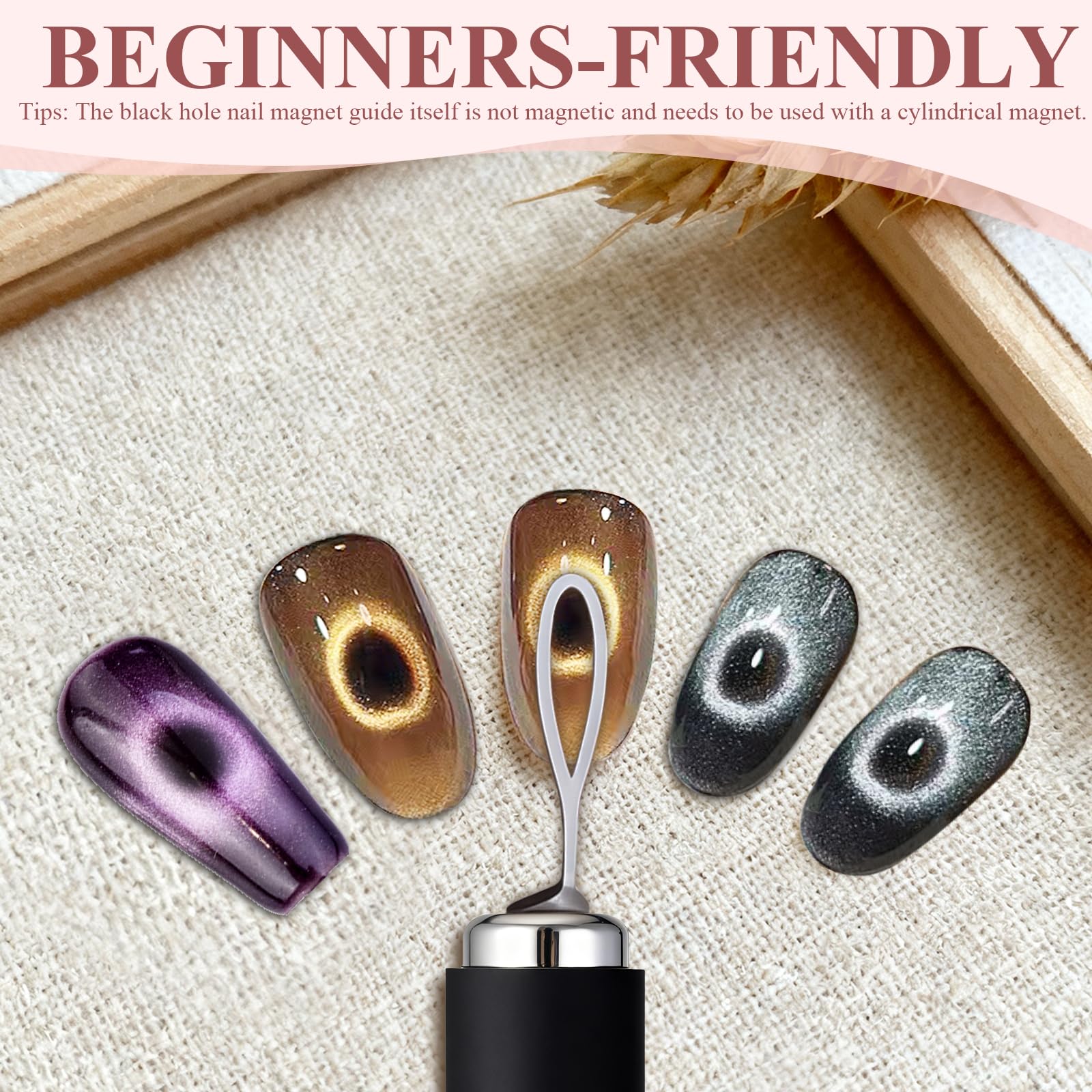 Three piece set of magnetic nail art tools including hollow tip guides.