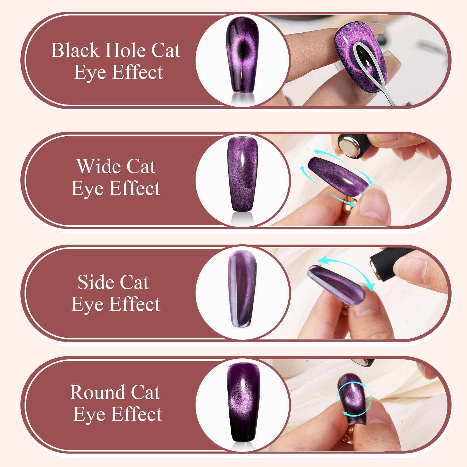 Essential home manicure kit for creating 3D cat eye nail designs.