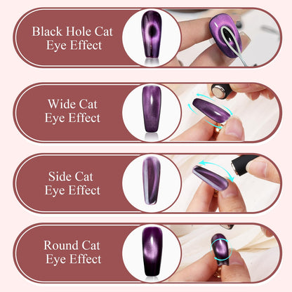 Essential home manicure kit for creating 3D cat eye nail designs.