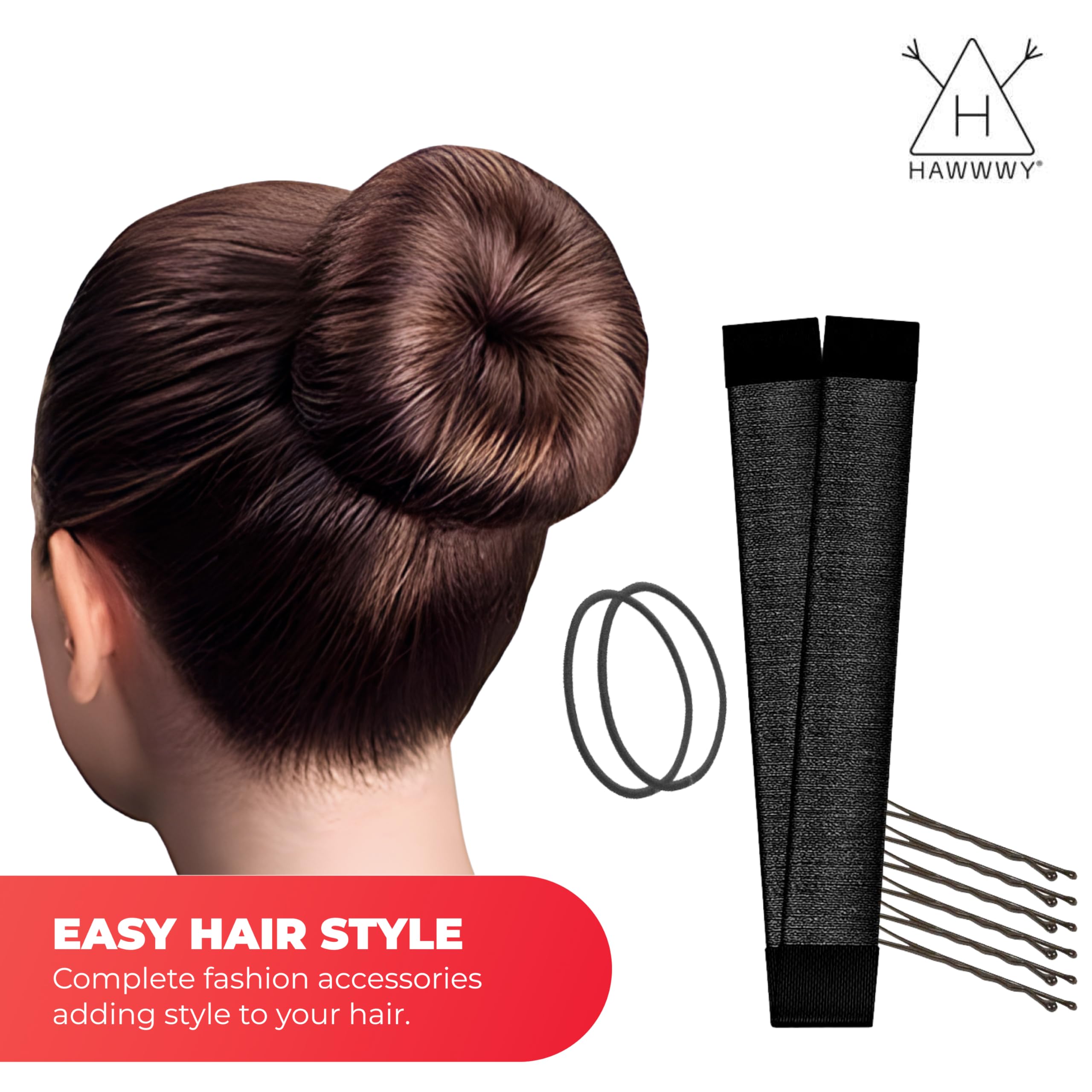 Hawwwy magic hair bun maker kit displaying two black tools with bonus hair ties and bobby pins.