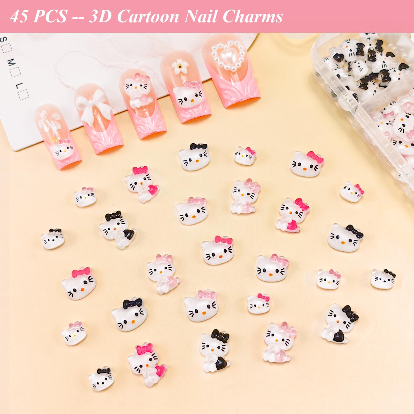 Close up of 3D bow and flower nail art charms