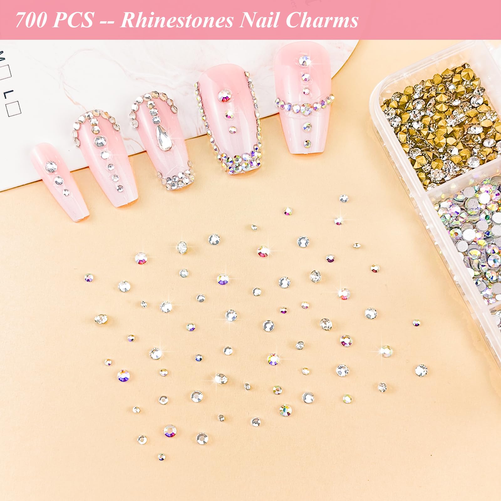Assorted white and pink nail gems for coquette aesthetic